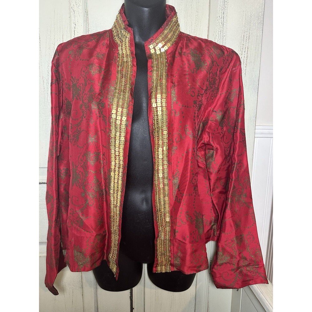 Chico’s Red & Gold Silk Embellished Lined Open Front Asian Style Jacket Sz 2